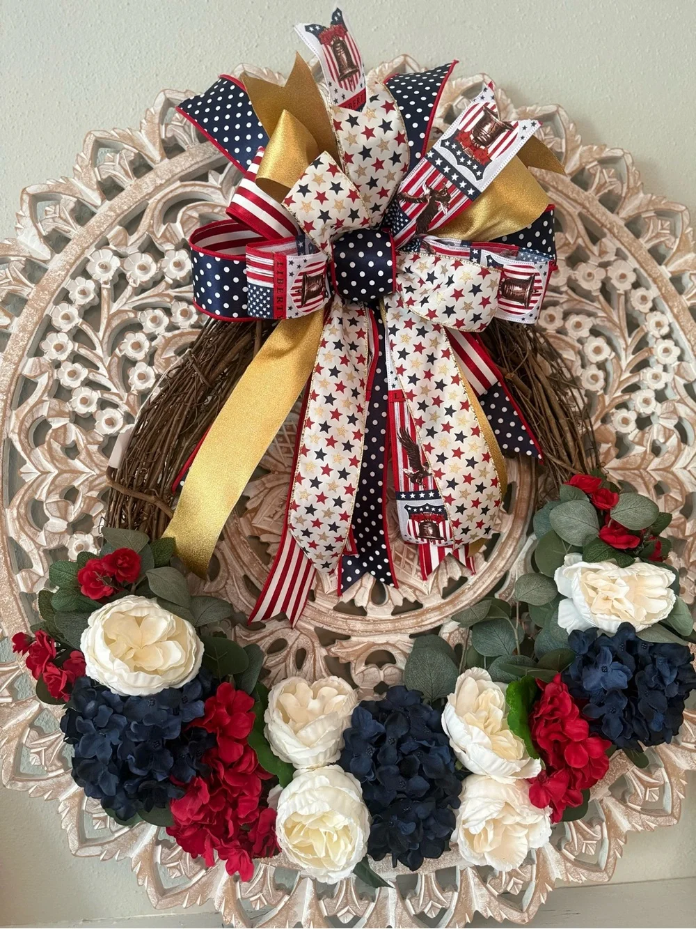 Patriotic Red, White & Blue Holiday Wreath with Gold Accents
